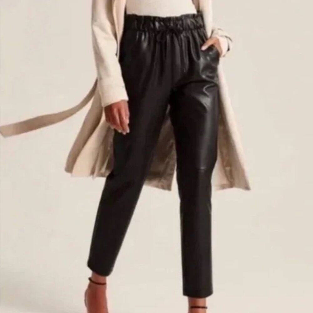 ABERCROMBIE & FITCH Faux Leather Paperbag Drawstring Waist Pants Black {M15}